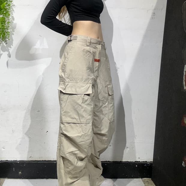 빈티지 베이지 유틸리티 멀티 포켓 와이드 카고 팬츠 L