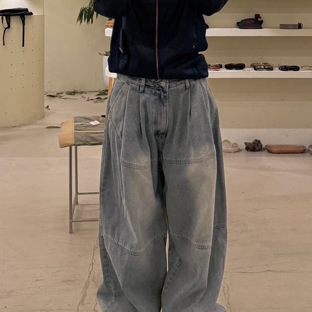 워시드 그레이 더블니 데님 팬츠 U551