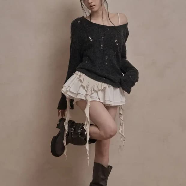 코디세트) 카키포인트 3피스 코디세트 니트+스커트+레이어드나시