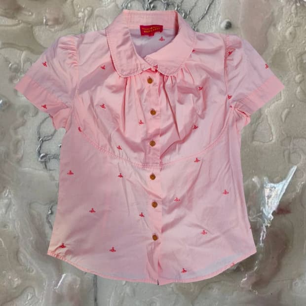 비비안웨스트우드 레드라벨 핑크 반팔 셔츠 퍼프소매 셔링 블라우스