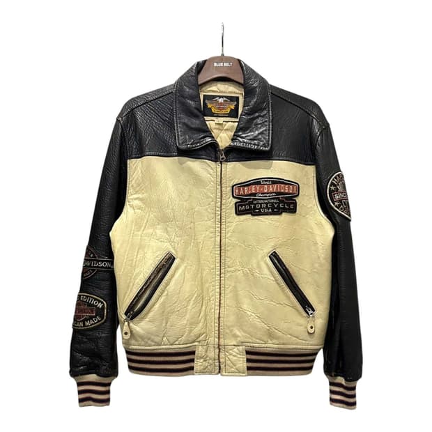 할리데이비슨 가죽 레더 라이더 자켓 패치 레터링 로고 디테일 크림&블랙