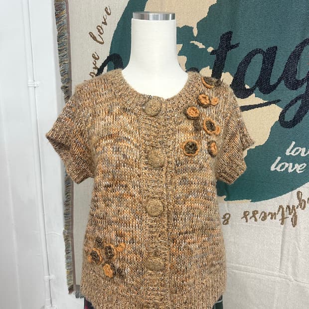 일본빈티지 핸드니트 플라워 디테일 울 블렌드 반팔 니트 가디건