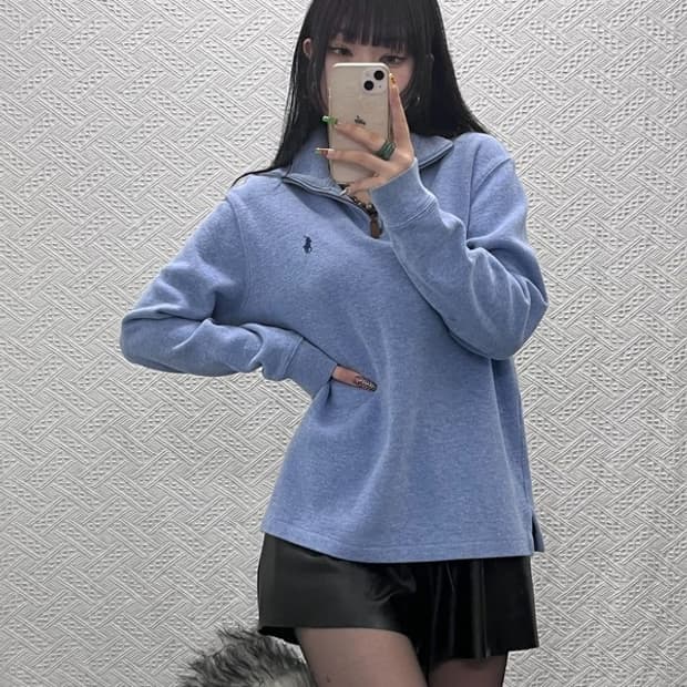 폴로 랄프로렌 빈티지 스모크 블루 반집업 카라 니트 M C09551