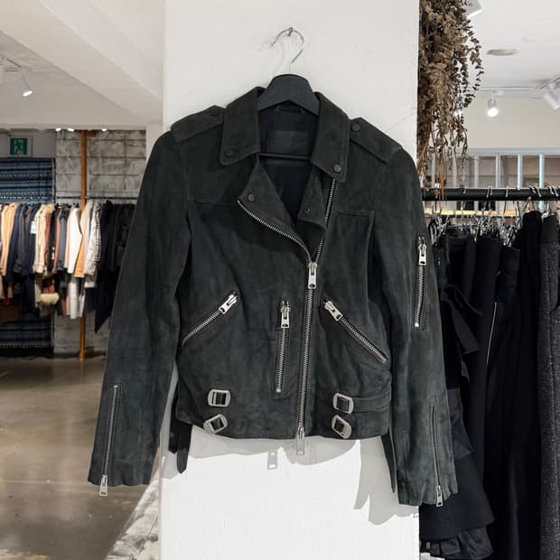 올세인츠 딥 카키 에드워즈 바이커 고트 스킨 스웨이드 자켓