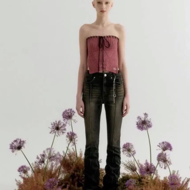 Yuse 셔링 포인트 슬림 데님 팬츠 black / S