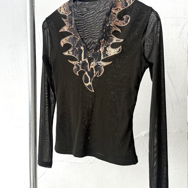 Khaki Python Print Mesh Top