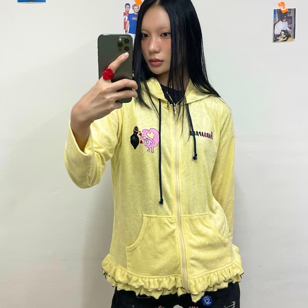 Cutie velvet yellow shirring hoodzip-up 