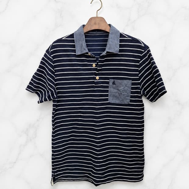 100,L,세탁완료)) BEAN POLE 빈폴 카라 스트라이프 반팔티셔츠