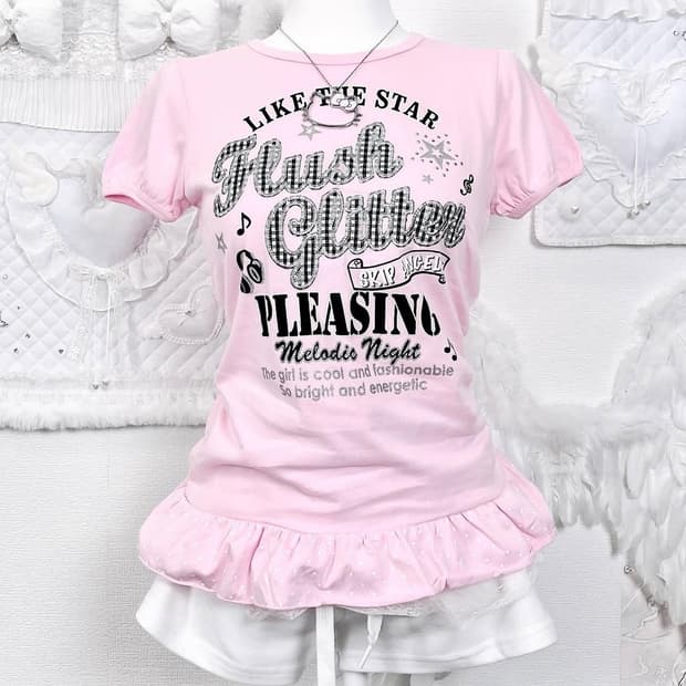 헤이세이 핑크 블랙 레터링 프릴 탑 빈티지 반팔티 대대장