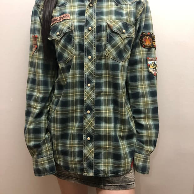 빈티지 그린 체크 패치 셔츠