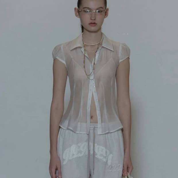 스컬프터 Sheer Pleated Hem Blouse White