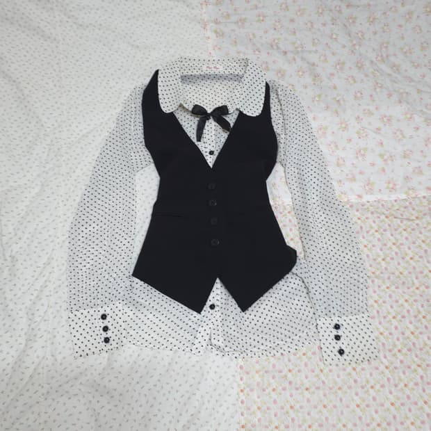 빈티지 공겜여주 도트 블라우스 베스트 세트