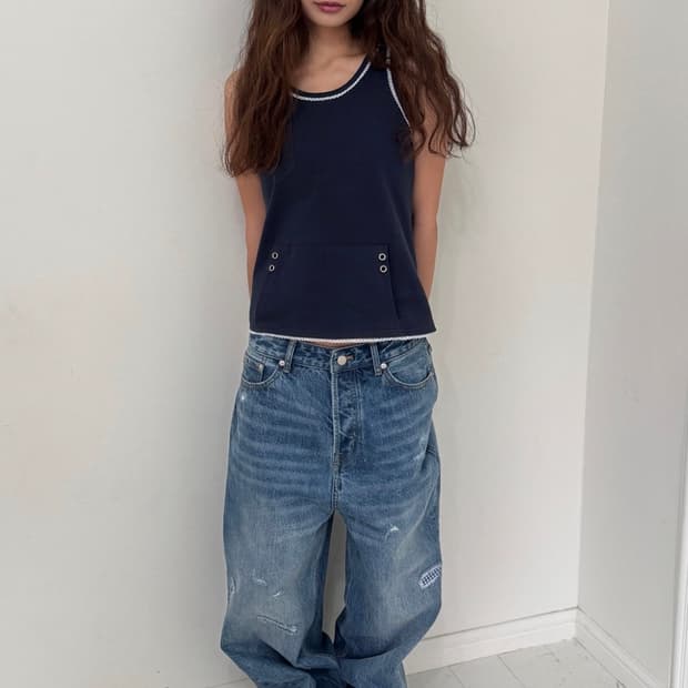 aeae 에이이에이이 LACE POCKET SLEEVELESS [NAVY
