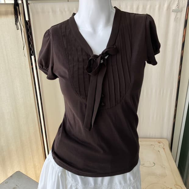 brown shirring ribbon half blouse