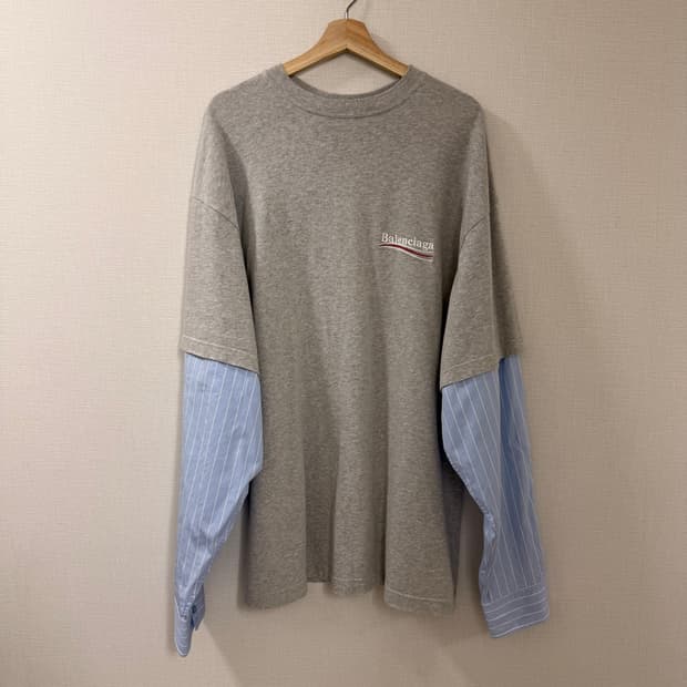 [XXS] 발렌시아가 남성 그레이 웨이브 로고 레이어드 긴팔 티셔츠