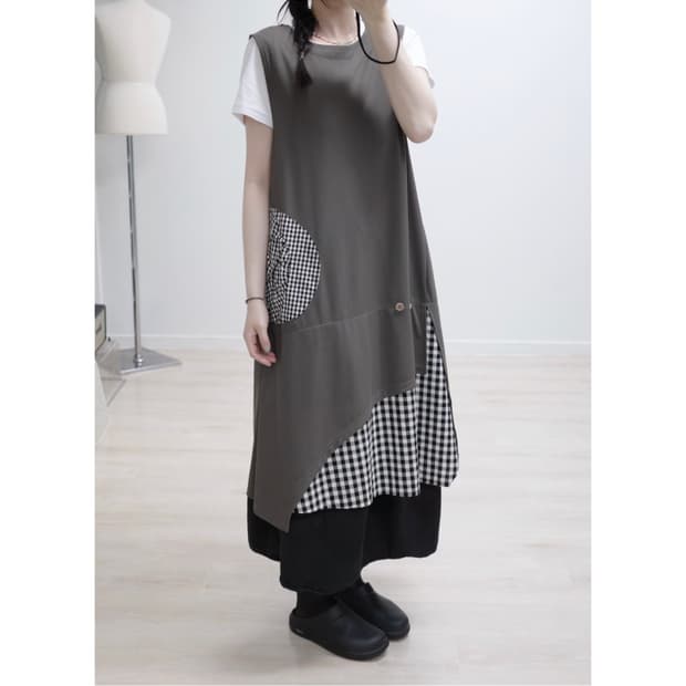 Khaki check mori one-piece