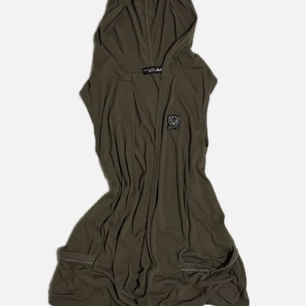 카키 후드 베스트 슬리브리스