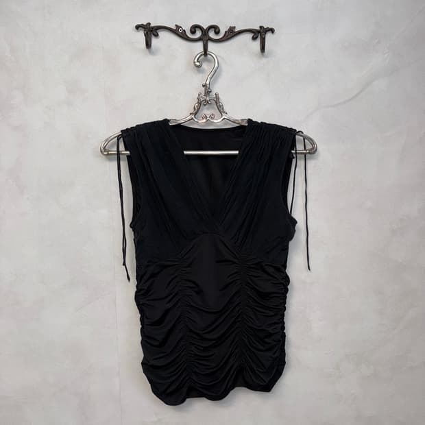 Black satin shirring strap sleeveless