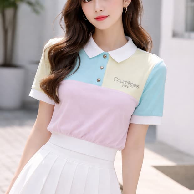 [S] Courreges 꾸레쥬 파스텔 배색 크롭 반팔 폴로 셔츠