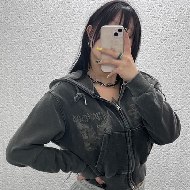 꼼파뇨 빈티지 피그먼트 키치 히피 프린팅 크롭 후드 집업 M C07489