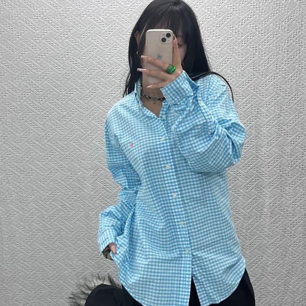 폴로 랄프로렌 커스텀핏 핑크포니 하늘체크 셔츠 L C08181