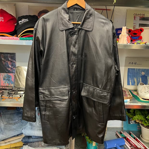 Deep Black Vintage Leather Long Coat 