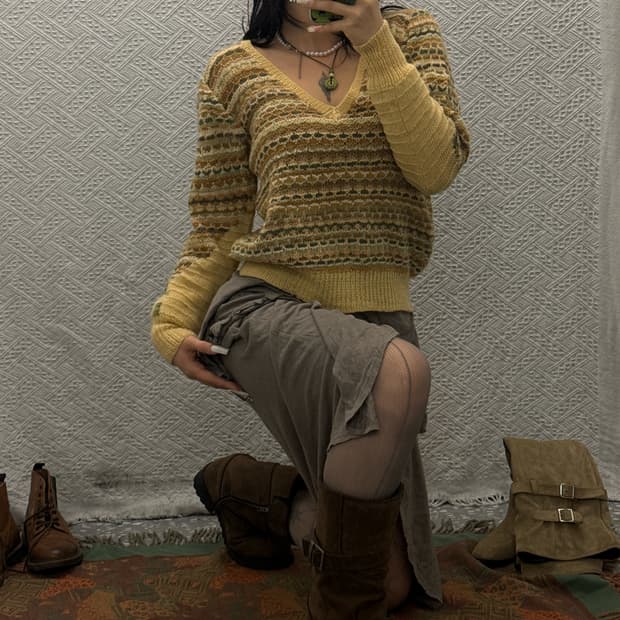 빈티지 스프링 모리 자카드 브이넥 레이어드 니트 K0093