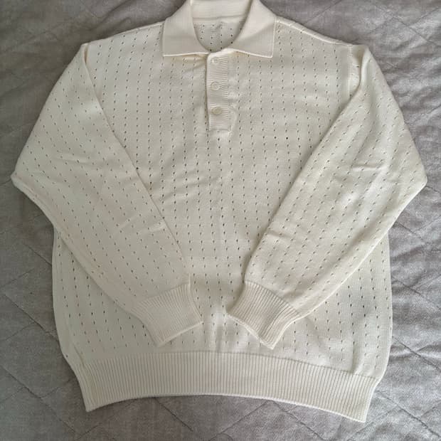 Pointelle-Knit Collar T-shirt - White