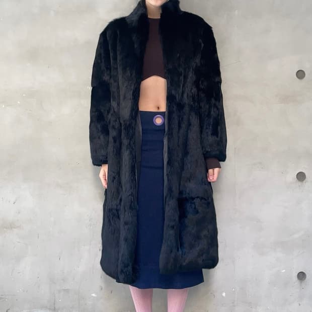 Black rabbit fur long coat