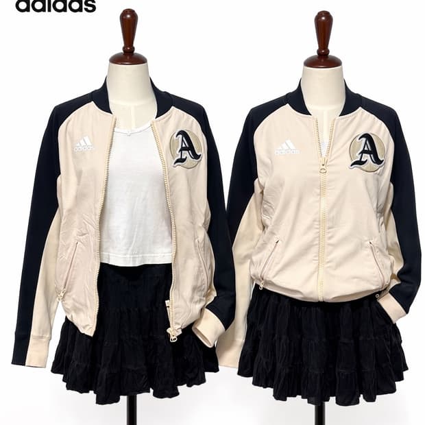 아디다스 여성 배색 집업 자켓 베이지 블랙 (Adidas Zip-up J