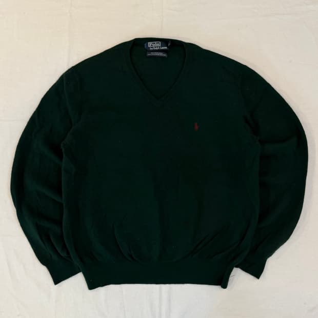 폴로 랄프로렌 메리노 울 브이넥 니트 딥그린