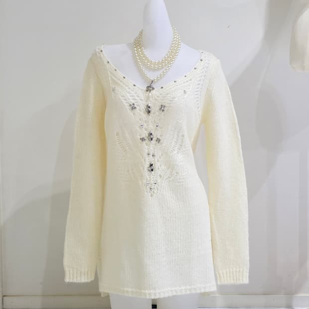 VICKY 일본빈티지)긱시크 y2k 아이보리 큐빅 로맨틱 니트롱슬리브