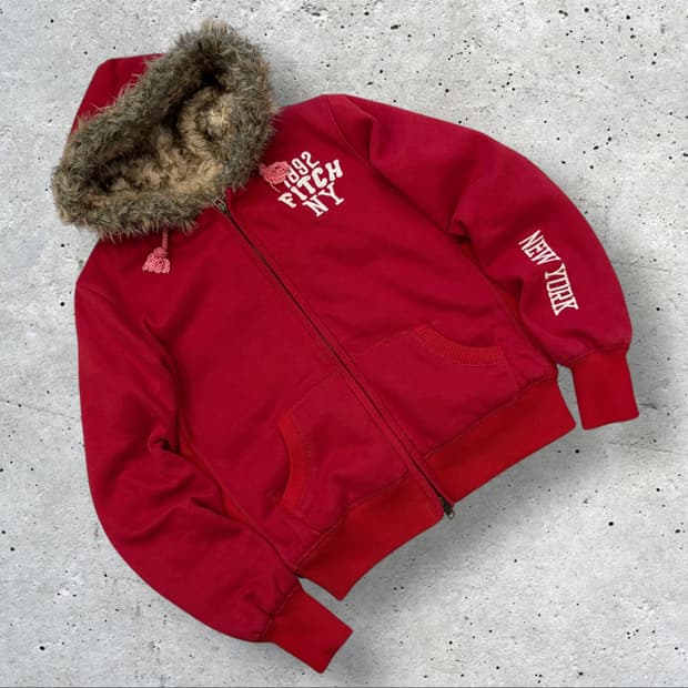 [L] 아베크롬비 빈티지 y2k 레드 퍼 후드 집업 B806