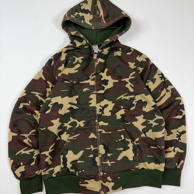 90s Woodland Camo Thermal Zip Up Hoodie