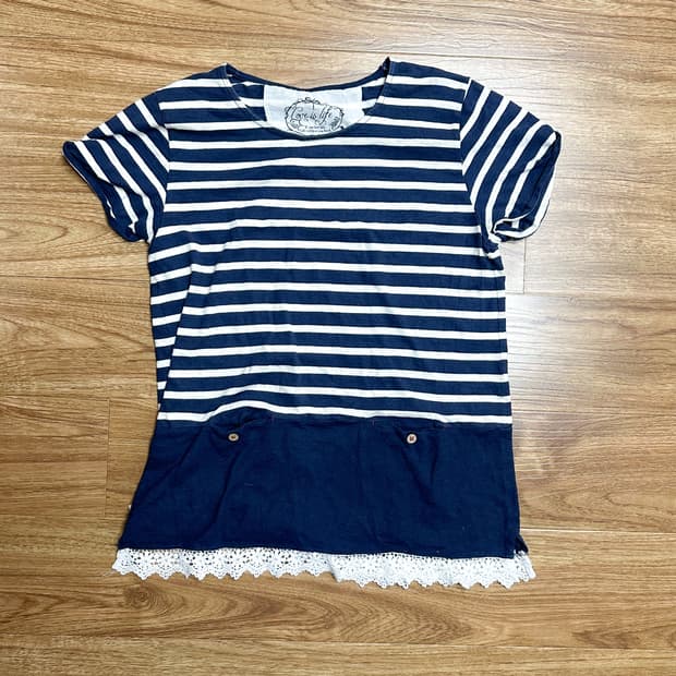 빈티지 스트라이프 레이스 단추 반팔 티셔츠 히메갸루 모리걸 아오이유우