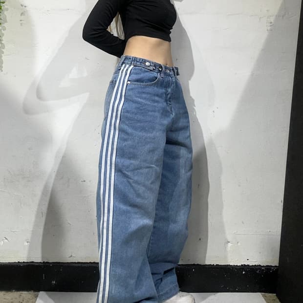 빈티지 중청 와이드 화이트 삼선 데님 청바지 S 