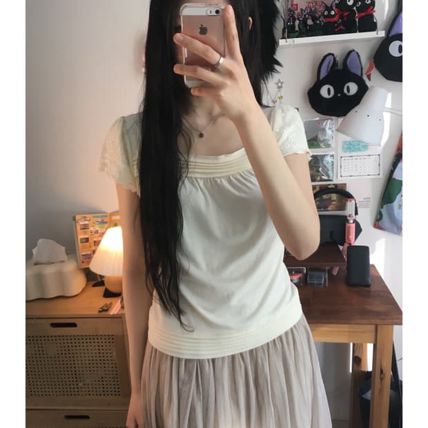 vintage pin-tuck sleeve top ivory