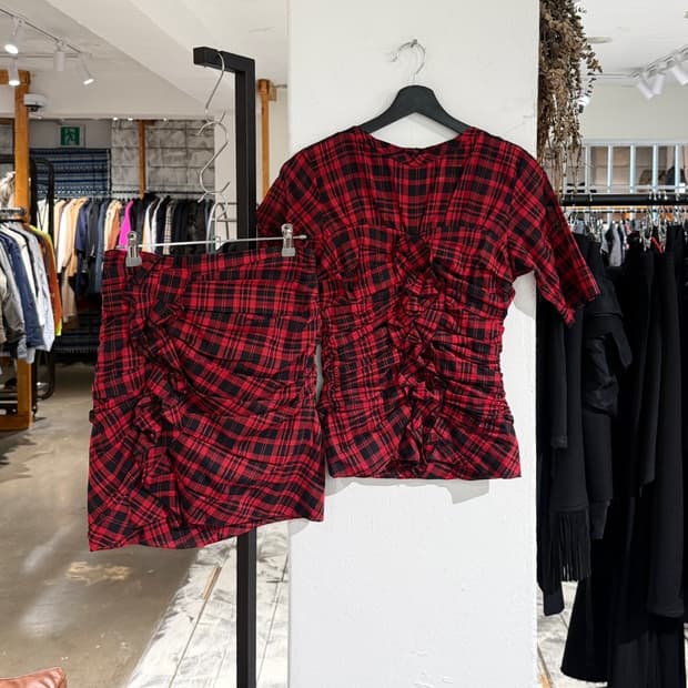 이자벨마랑 에뚜왈 레드 블랙 타탄 체크 탑 스커트 셋업