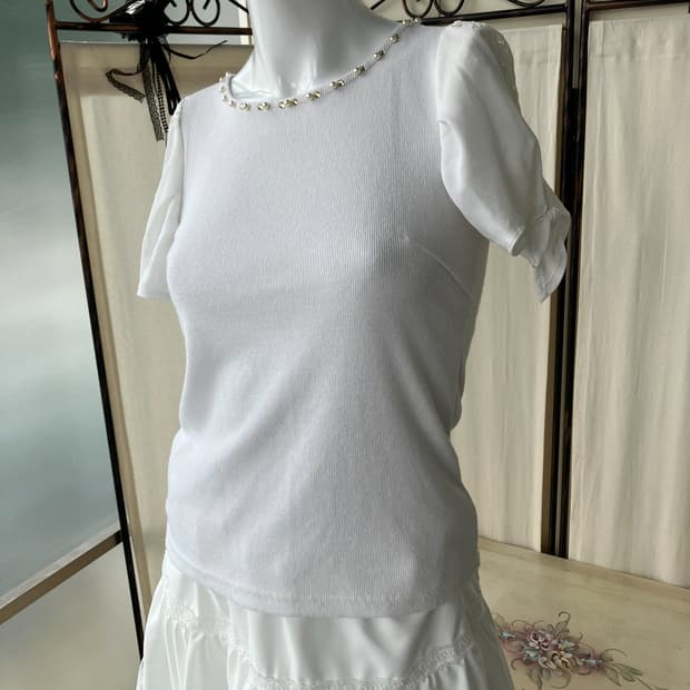 lace chiffon frill beads short sleeve