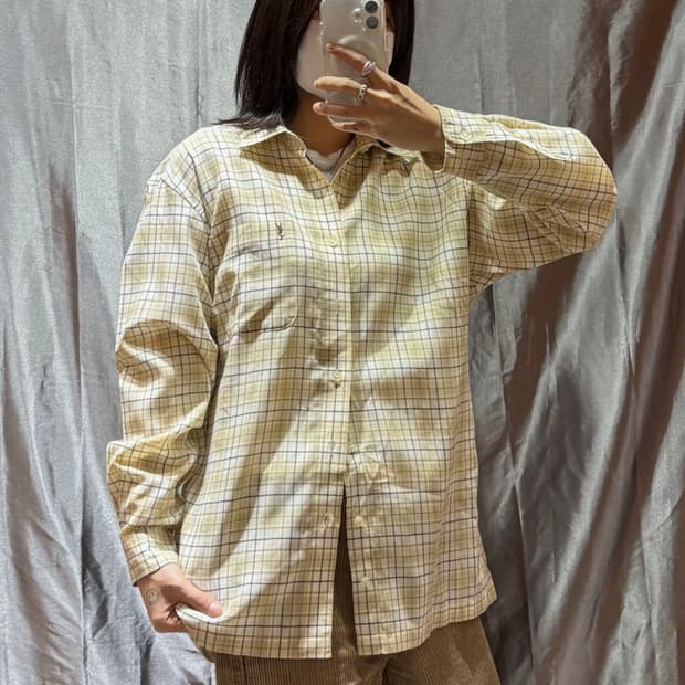 L YSL 입생로랑 옐로우 원포켓 린넨 체크셔츠