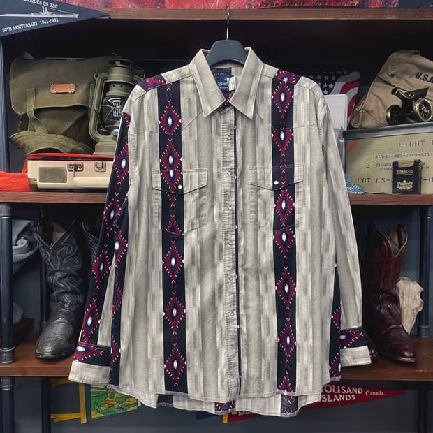 90s 랭글러 펄 스냅 아즈텍 패턴 웨스턴 카우보이 셔츠 N505