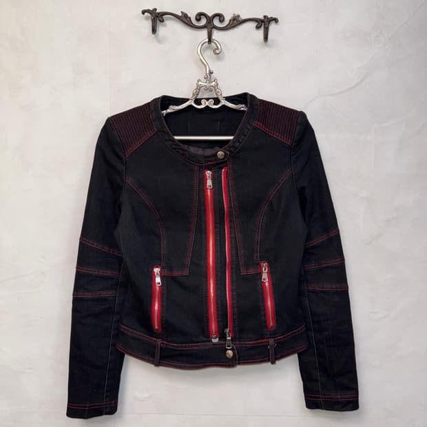 Black denim red stitch crop jacket