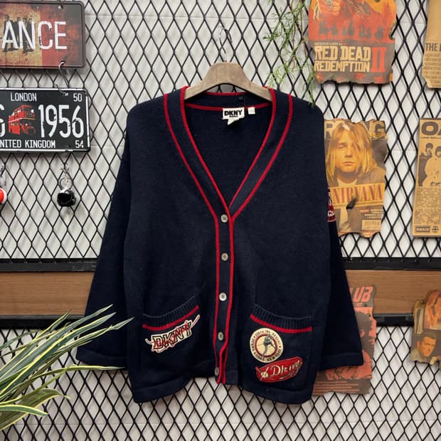 90s DKNY 빈티지 니트 가디건 패치워크 포인트 네이비