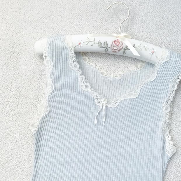 솜사탕 베이비블루 골지 레이스 나시