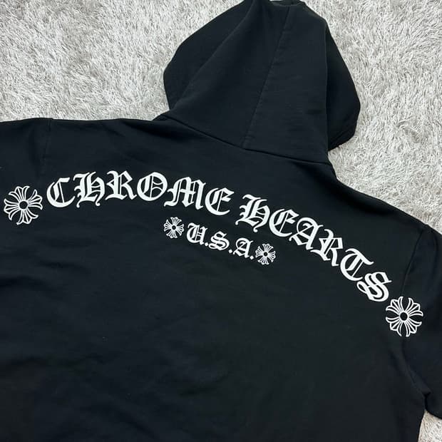 [XL] 정품 크롬하츠 USA 스크립트 로고 플리스 집업 후드 블랙