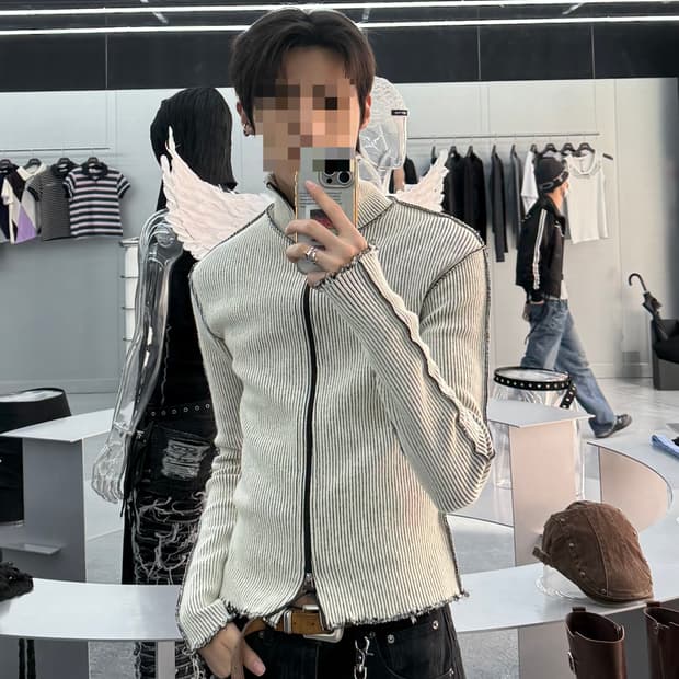 레씨토 Destroyed Lip Knit Zip-Up_[Ivory]