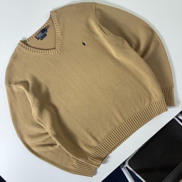 Polo  폴로 랄프로렌 자수 코튼 베이지 브이넥 니트 