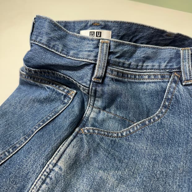 XL 34 유니클로 U 테이퍼드 레귤러핏 중청워시드 데님팬츠