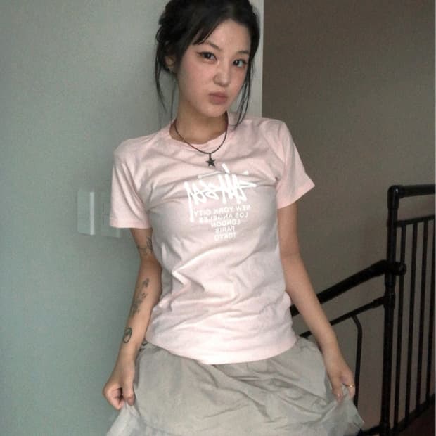 Stussy 연핑크 로고 반팔 탑