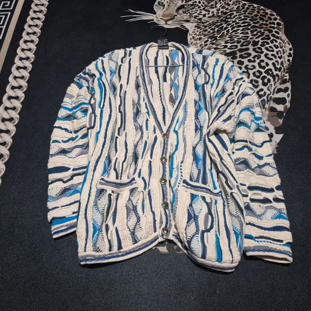 90's 에마루 오스트레일리아 화이트블루 은장 케이블 니트 가디건 XL